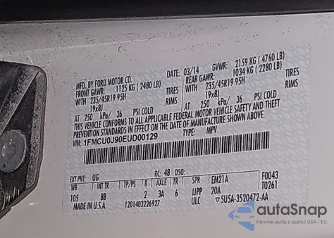 2014 Ford Escape Titanium z USA, uszkodzony, nr VIN 1FMCU0J90EUD00129